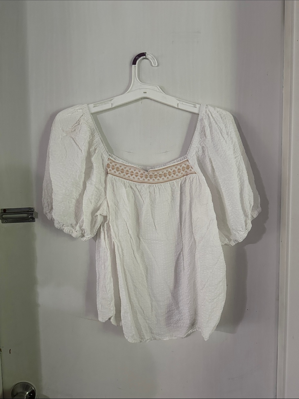 Maurices White Puff-Sleeve Peasant Blouse with Tan Embroidered Yoke
